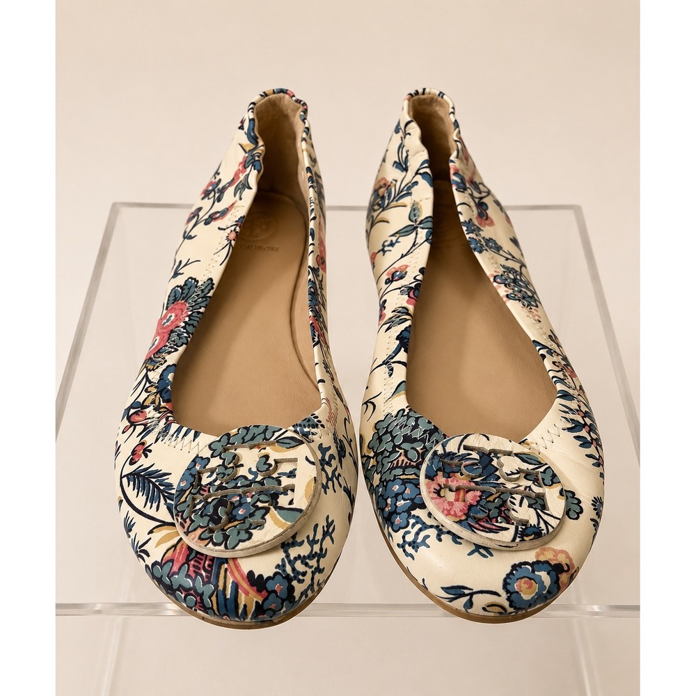 Tory Burch Minnie Travel Ballet Flats Womens 7M Cream Floral‎ Leather Excellent